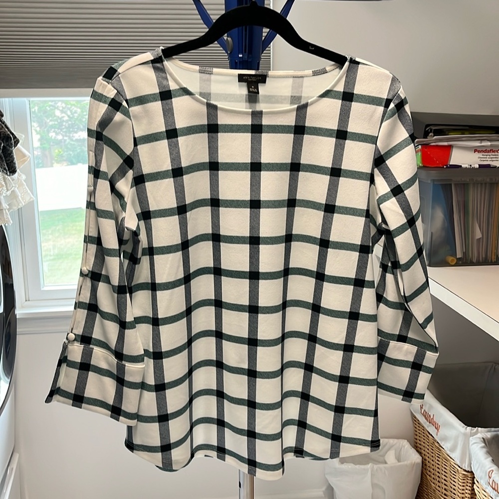 Ann Taylor blouse medium. Winter white with navy and green strips.